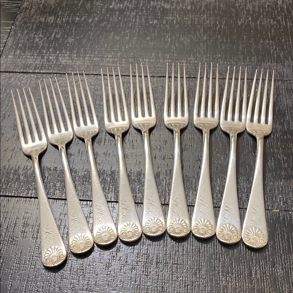 Antique 1889 Patent Towle Shell 2 Set Of 9 Monogrammed Dinner Forks!